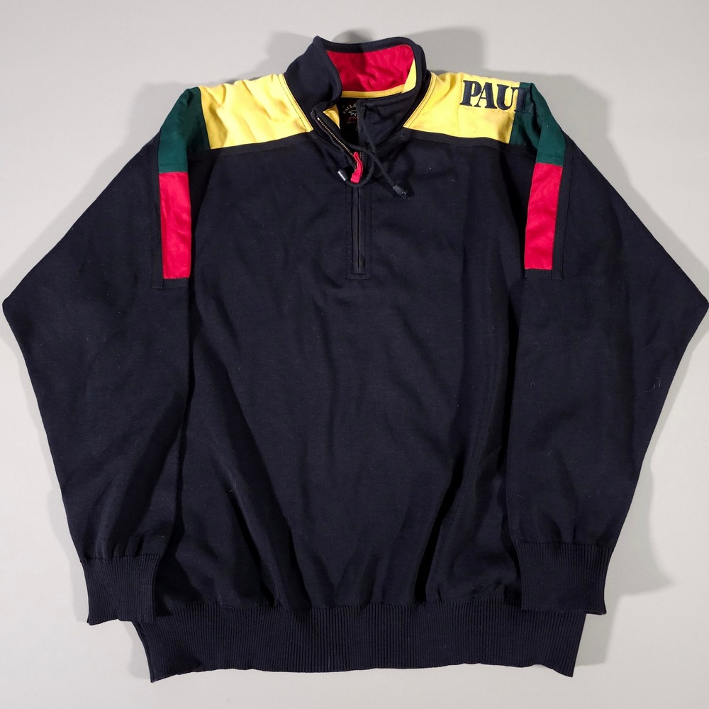 Paul & Shark Yachting Sweater Mens XL Navy Colorblock Wool Quarter Zip Italy
